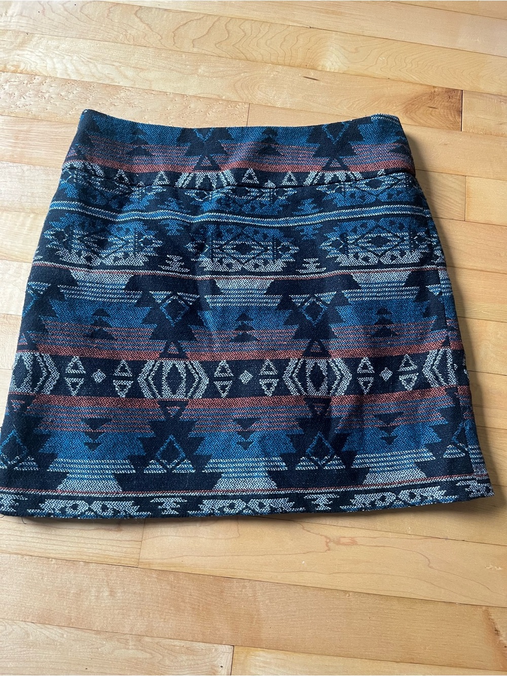 Dalia Collection Aztec-Pattern Mini Skirt in Blue and Black with Rust Accents
